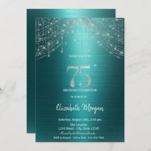 Elegant String Lights Green Metallic 75th Birthday Invitation