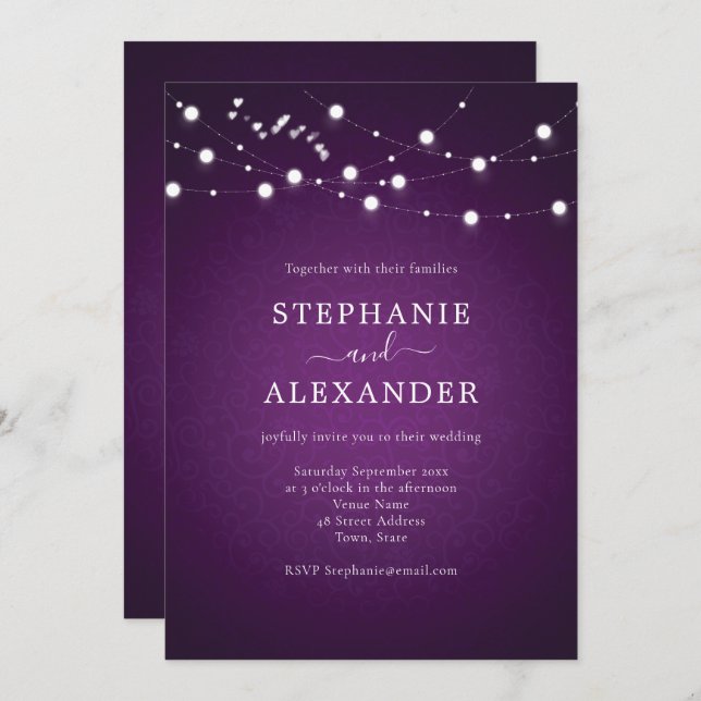Elegant String Lights Hearts Purple Wedding  Invitation (Front/Back)