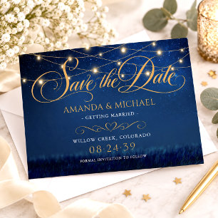Elegant String Lights Navy Blue Starry Wedding Save The Date