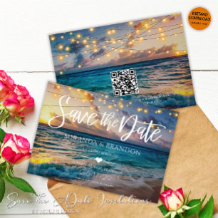 Elegant String Lights QR Code Sunset Beach Wedding Save The Date