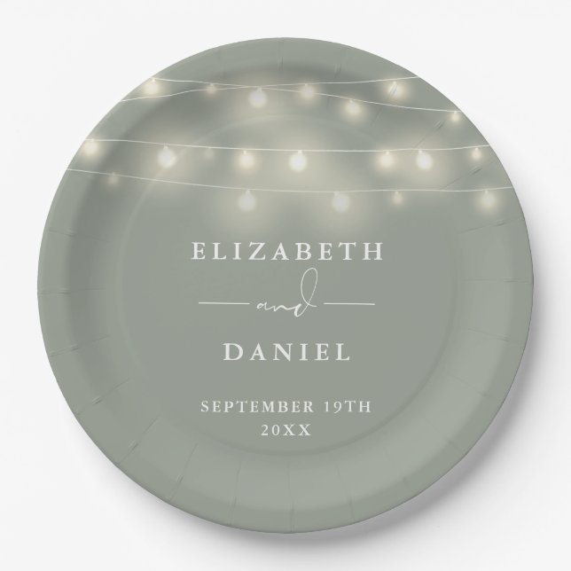 Elegant String Lights Sage Green Wedding Paper Plate (Front)
