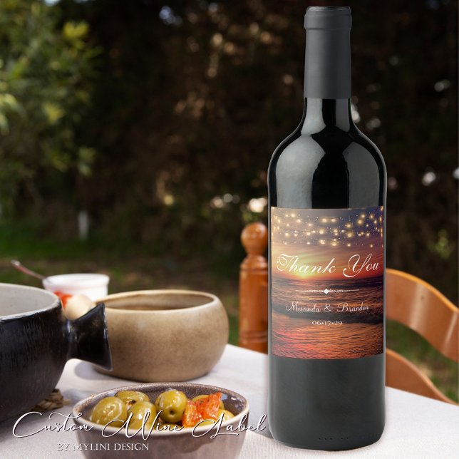 Elegant String Lights Summer Beach Thank You Wine Label (Creator Uploaded)