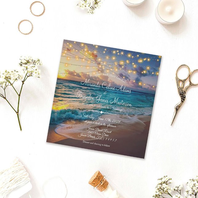 Elegant String Lights Summer Beach Wedding Invitation (Creator Uploaded)