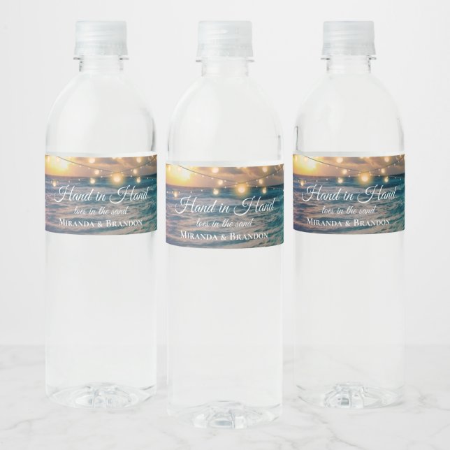 Elegant String Lights Summer Beach Wedding Water Water Bottle Label (Bottles)