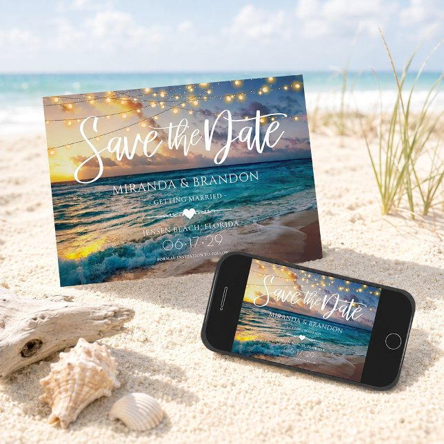 Elegant String Lights Summer Sunset Beach Wedding Save The Date (Creator Uploaded)