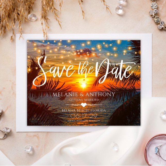Elegant String Lights Sunset Summer Beach Wedding  Announcement Postcard (Creator Uploaded)