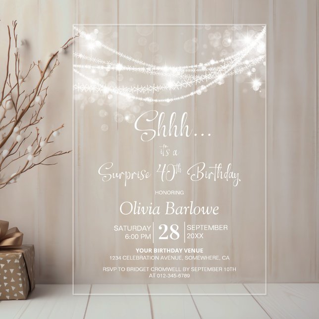 Elegant String Lights Surprise 40th Birthday Party Acrylic Invitations (Creator Uploaded)