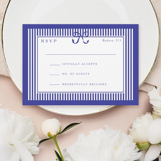 Elegant Stripe Blue Border with Bow Wedding RSVP Card (Creator Uploaded)