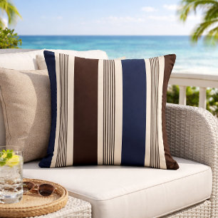 Elegant Stripe Cabana Style Navy Blue Brown  Cushion