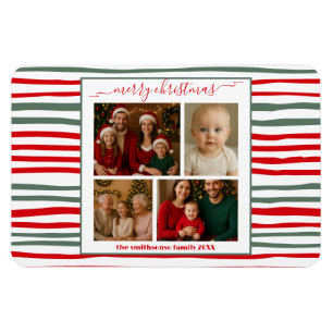 Elegant Stripe family Photo merry Christmas modern Magnet