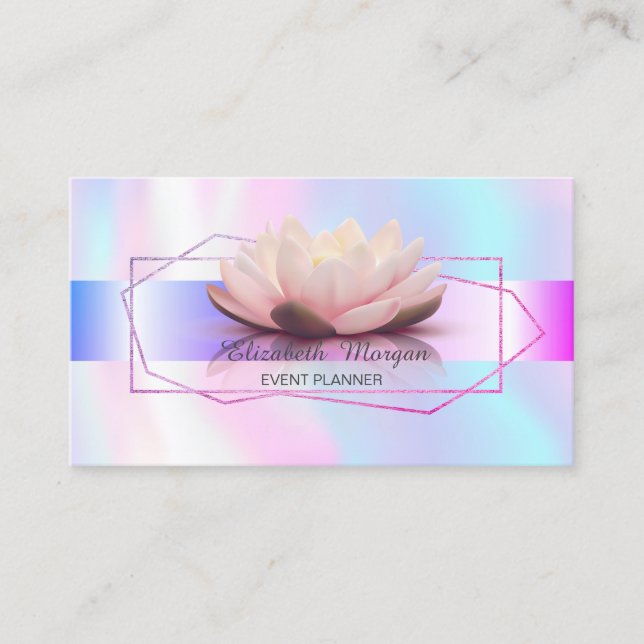 Elegant Stripe Geometric Frame Lotus Holographic Business Card (Front)