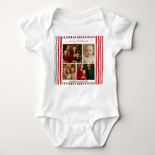 Elegant Stripe modern family Photo merry Christmas Baby Bodysuit (Front)