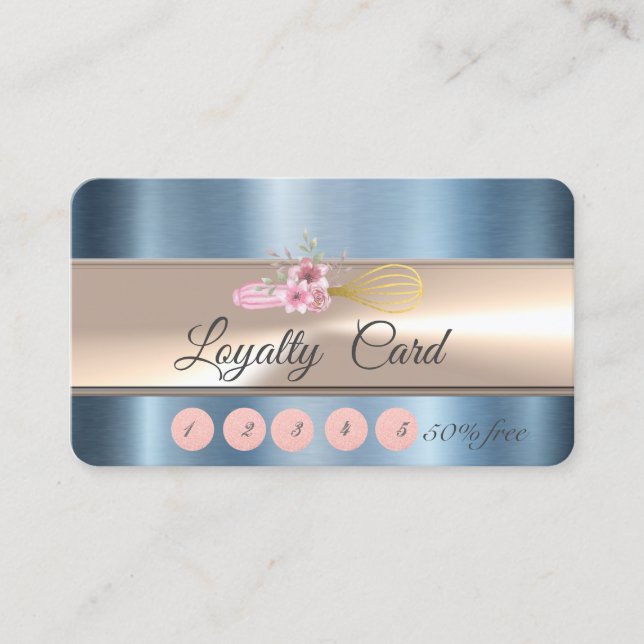 Elegant Stripe Whisk Bakery Blue Metallic Loyalty Card (Front)