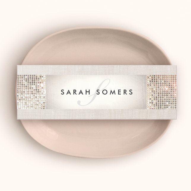 Elegant Striped Beige, FAUX Silver Sequin Monogram Mini Business Card (Creator Uploaded)