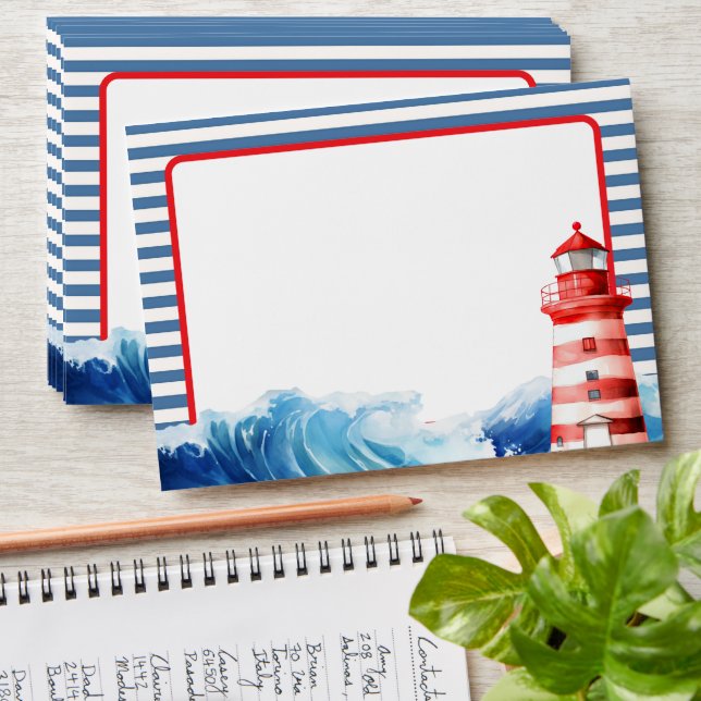 Elegant Striped Blue Red Nautical Lighthouse Ocean Envelope (Stacked)