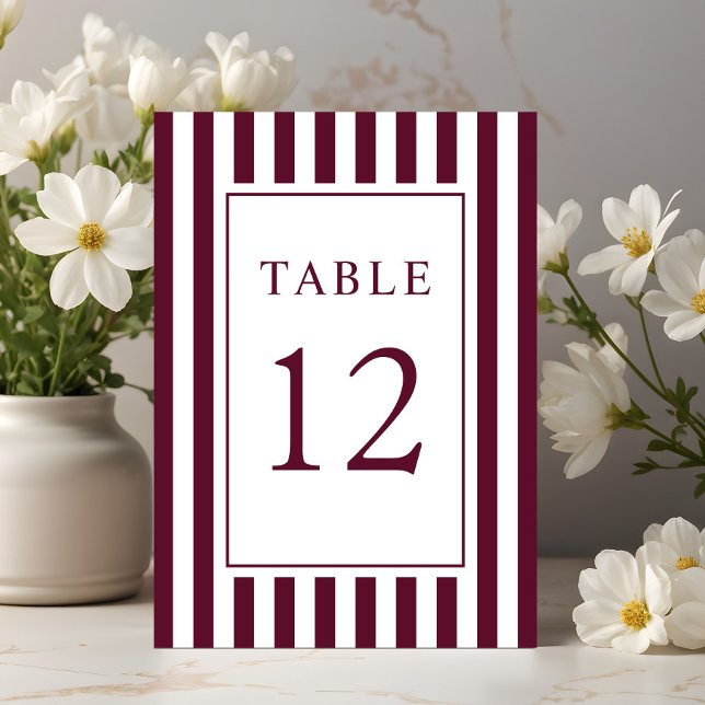  Elegant Striped Burgundy Wedding Table Number (Elegant Striped Burgundy Wedding Table Number)
