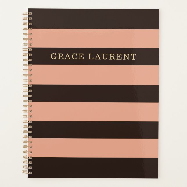 Elegant Striped Custom Name & Monogram Spiral Planner (Front)