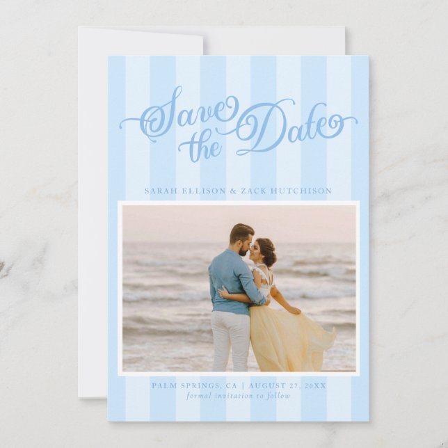 Elegant Striped Pastel Blue Script Save The Date (Front)
