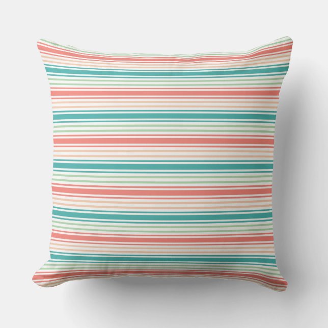  Elegant Striped Pattern: Teal, Coral, and White Cushion (Front)