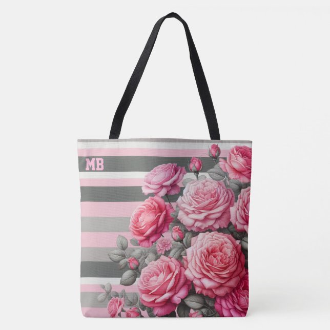 Elegant Striped Pink and Grey with Roses Tote Bag (Front)