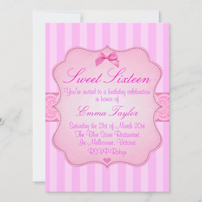 Elegant Striped Pink Sweet16 Birthday Invitation (Front)