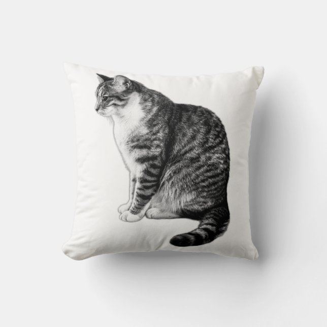 Elegant Striped Tabby Cat Ink Art Pillow (Front)