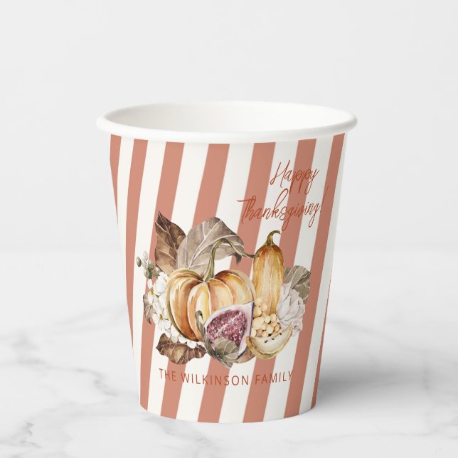 Elegant Striped Thanksgiving Harvest Paper Cups (Front)