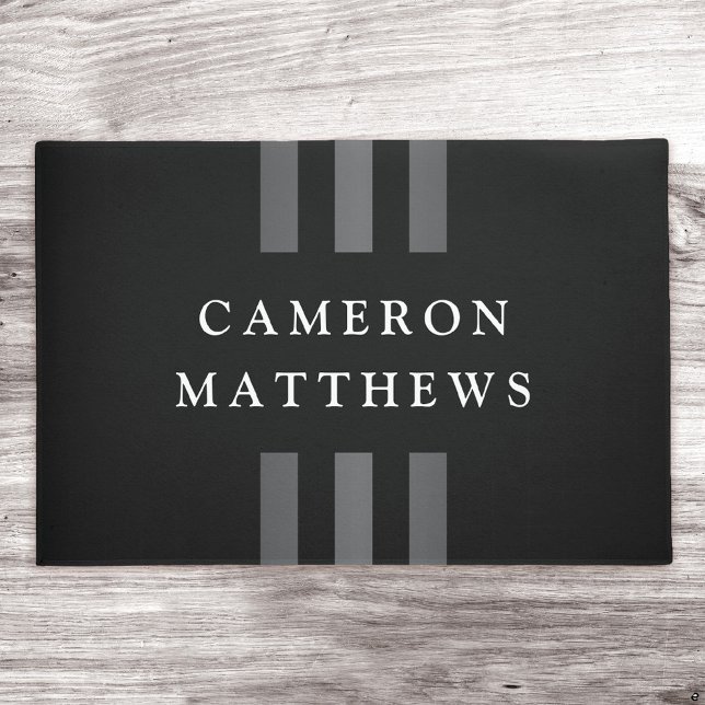 Elegant stripes black dark grey name or business doormat (Creator Uploaded)