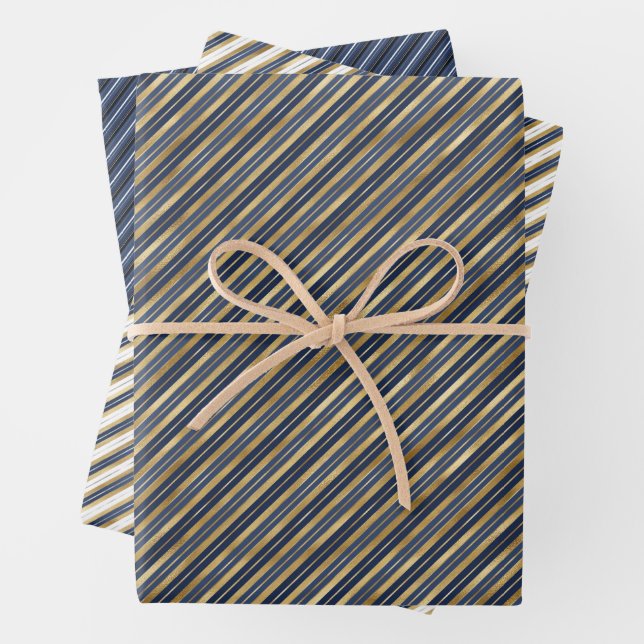 Elegant Stripes Blue Navy Gold Stylish Masculine Wrapping Paper Sheet (In situ)