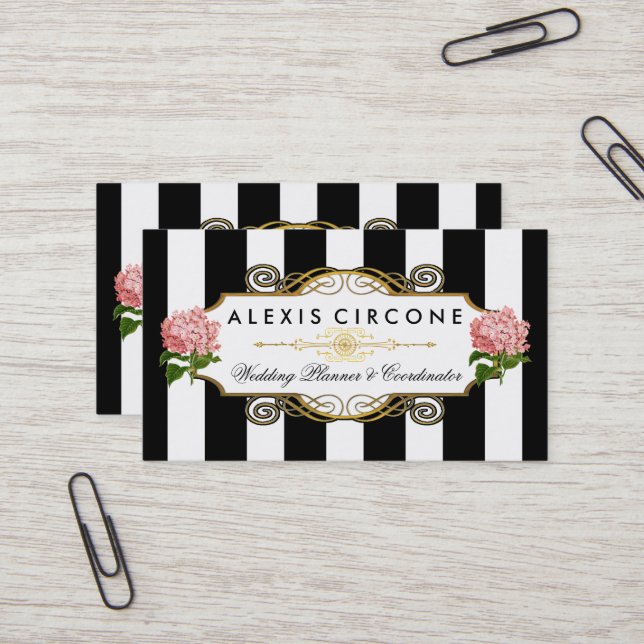 Elegant Stripes |Gold Hydrangea Wedding Planner Business Card (Front/Back In Situ)