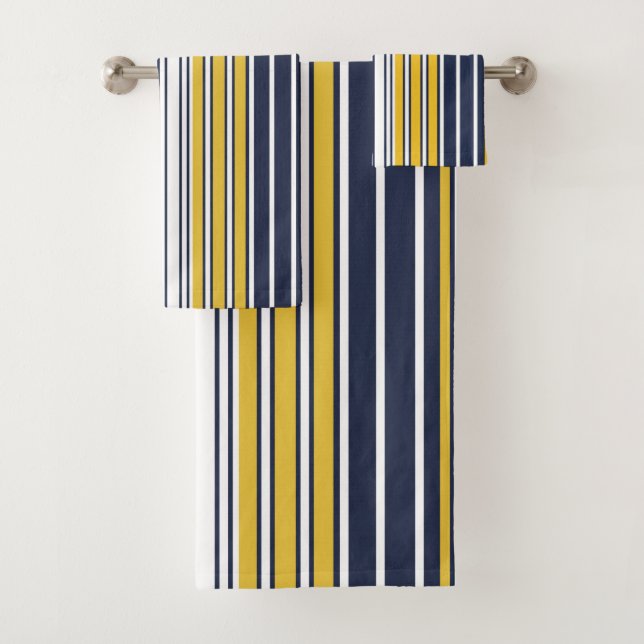 Elegant, stripes, navy blue, mustard yellow, white bath towel set (Insitu)