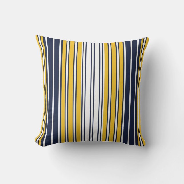 Elegant, stripes, navy blue, mustard yellow, white cushion (Front)