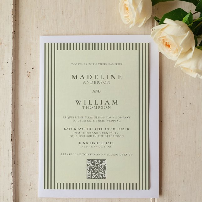 Elegant Stripped Sage Green Qr Code Wedding Invitation (Creator Uploaded)