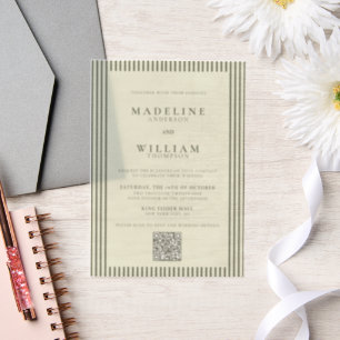 Elegant Stripped Sage Green Qr Code Wedding Vellum Invitations