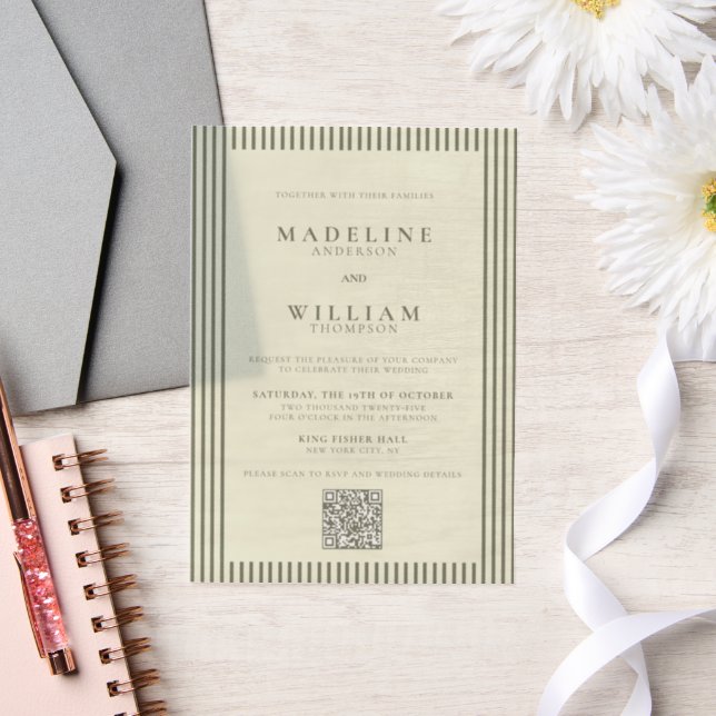 Elegant Stripped Sage Green Qr Code Wedding Vellum Invitations (Wedding)