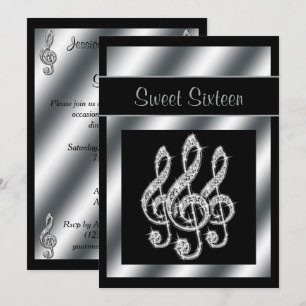 Elegant, Stunning Silver Treble Clefs Sweet 16 Invitation