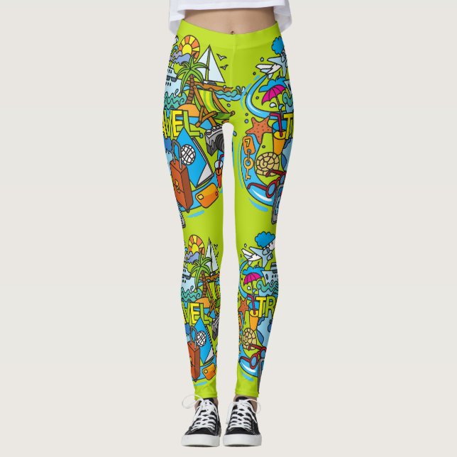 Elegant style cartoon drawing Travelling Neon Leggings (Front)