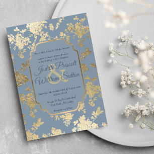 Elegant Style Dusty Blue Gold Floral Wedding Invitation
