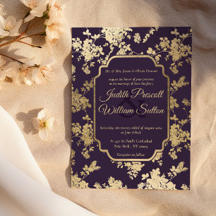 Elegant Style Tolopea Purple Gold Floral Wedding  Invitation