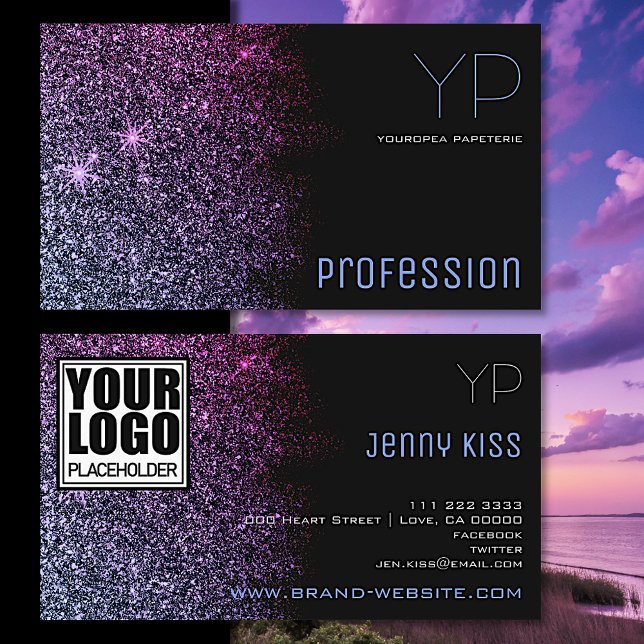 Elegant Style with Logo Black Purple Glitter Stars Business Card (Creator Uploaded)