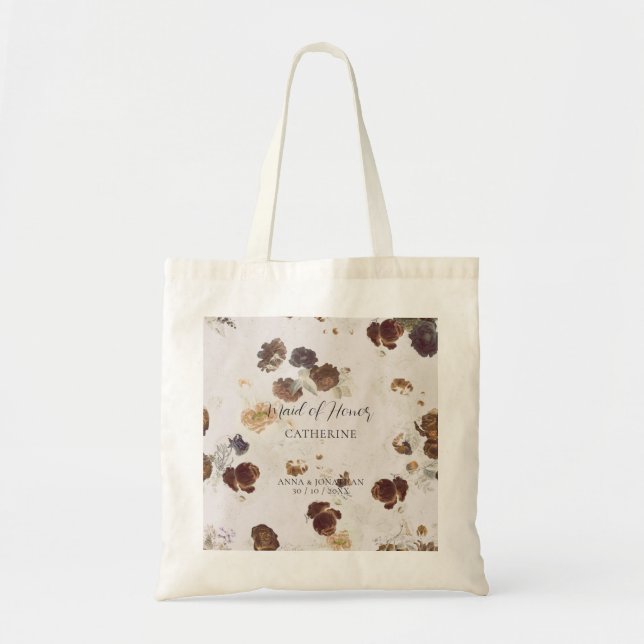 Elegant Stylish Beige Roses Floral Toile Wedding Tote Bag (Front)