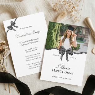 Elegant Stylish Black Bow Ribbon Photo Graduation Invitation