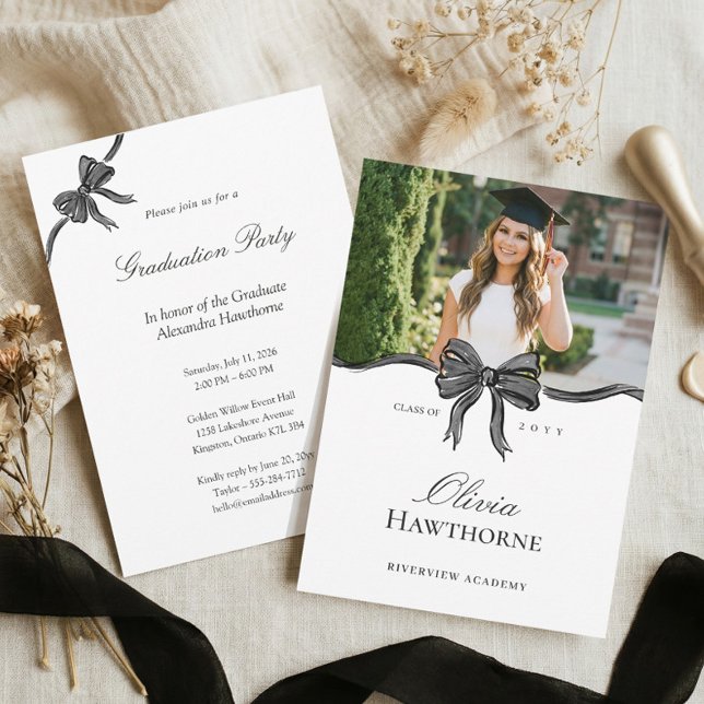 Elegant Stylish Black Bow Ribbon Photo Graduation Invitation (Elegant Stylish Black Bow Ribbon Photo Graduation Invitation)