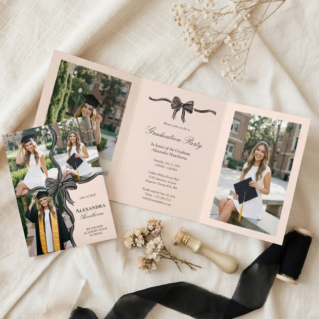 Elegant Stylish Black Bow Ribbon Photo Graduation Tri-Fold Invitation (Elegant Stylish Black Bow Ribbon Photo Graduation Tri-Fold Invitation)