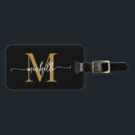 Elegant Stylish Black Gold Monogram Initial Script Luggage Tag<br><div class="desc">Girly Stylish Modern Elegant Black and Gold Monogram Initial Name Script Custom Personalised Personalised Luggage Bag Tag. This design featuring a first name in a pretty hand lettered swash tail font calligraphy (or typography) with monogram initial, address info in gold and white on black. These are easy to customise it....</div>