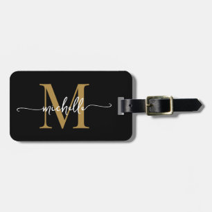 Elegant Stylish Black Gold Monogram Initial Script Luggage Tag
