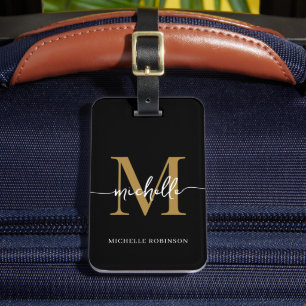 Elegant Stylish Black Gold Monogram Initial Script Luggage Tag