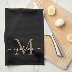 Elegant Stylish Black Gold Monogram Script Name Tea Towel