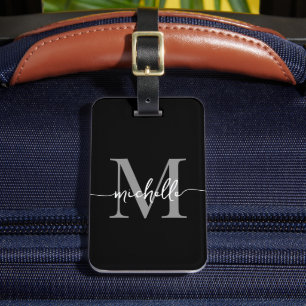 Elegant Stylish Black Grey Monogram Initial Script Luggage Tag