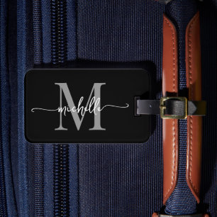 Elegant Stylish Black Grey Monogram Initial Script Luggage Tag